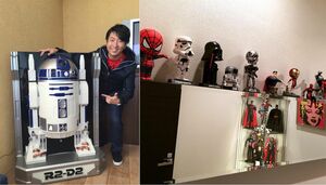 “トイレスペース”に移動させられたという『スター・ウォーズ』に登場する実物大『R2-D2』（左）と映画関連フィギュア