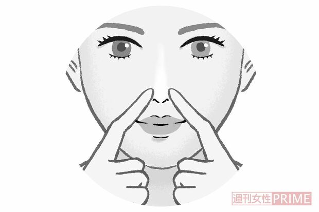 鼻のマッサージ（2）小鼻引き締め　イラスト／やまだやすこ