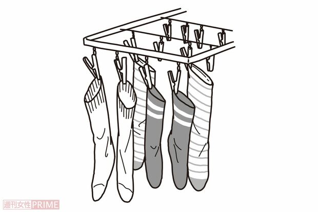 アイテム別干し方のコツ「靴下→筒状に」（イラスト／二階堂ちはる）