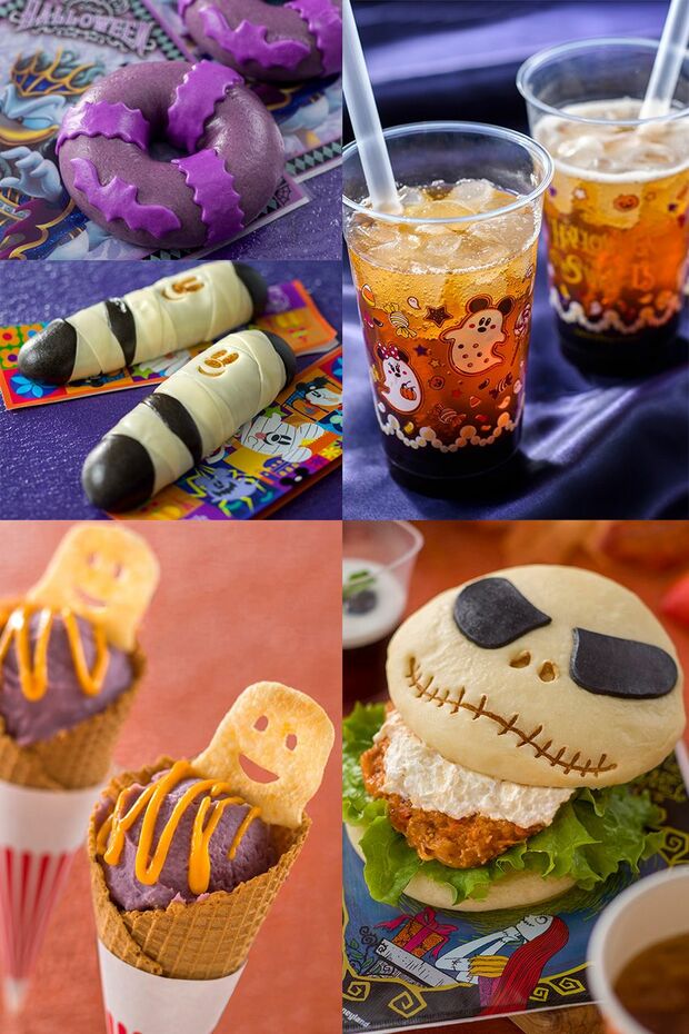 （写真右上から時計回りに）スパークリングブラックティータピオカドリンク（東京ディズニーシー）、スウィートハート・カフェのスペシャルセット、牛カルビコーン（共に東京ディズニーランド）、スペシャルまん、スペシャルうきわまん（共に東京ディズニーシー）（c）Disney