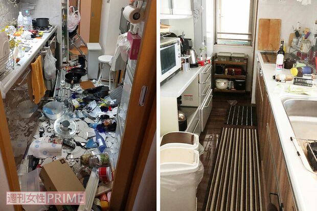 震度6弱を記録した2018年の大阪府北部地震で被災した直後の写真。左が同じマンションのお隣さんの家のキッチン。右がこまめな防災対策をしていた国際災害レスキューナースの辻直美さんの家のキッチン