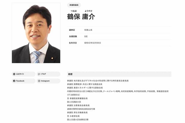 鶴保庸介議員のプロフィール(自民党の公式サイトより)