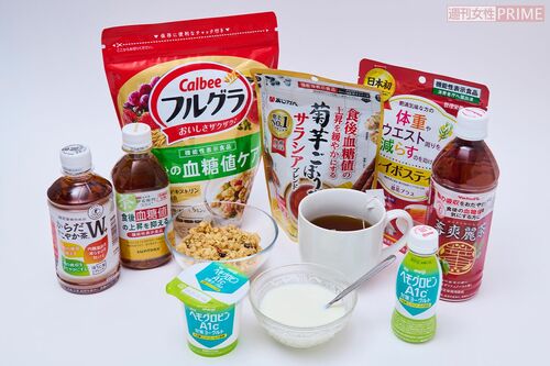 「これまでHbA1cに注目した商品はなかった」と矢野先生も注目する「明治ヘモグロビンA1c対策ヨーグルト」。ほかにも、食後血糖値の上昇を抑える働きが期待される桑の葉由来成分配合のサントリー「伊右衛門プラス血糖値対策」など、血糖値の上昇や糖の吸収を穏やかにする、さまざまな製品が登場している