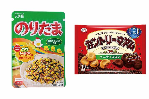 実はあんこが使われている、丸美屋の「のりたま」（左）や不二家の「カントリーマアム」（右）