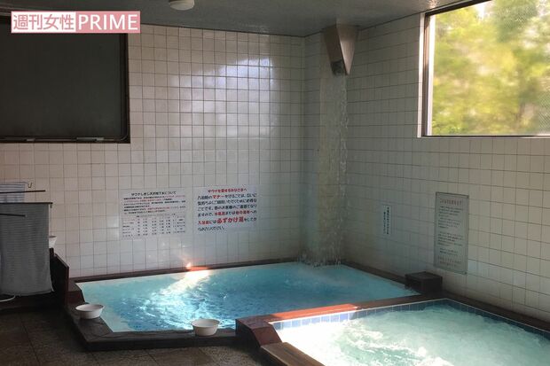 水風呂の様子(奥の浴槽)。水風呂に入る前は「必ずかけ湯」をするように!