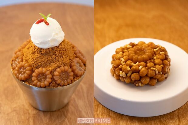 韓国のかき氷「ピンス」にヤックァをトッピングした、「ヤックァ爆発・ピンス」(左)と、サクサクしたあられをシロップで固めた「オランダ」という韓国の伝統菓子にヤックァをトッピングした、「ヤックァオランダ」(右)