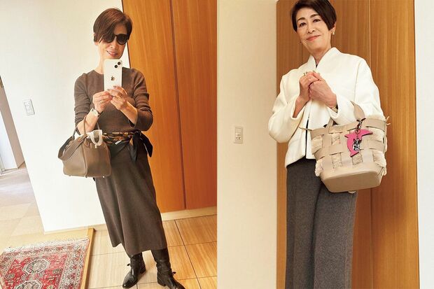 「エルメス」のスカーフでウエストマーク!(右)ショートコートをはおってランチ会へお出かけ(左)