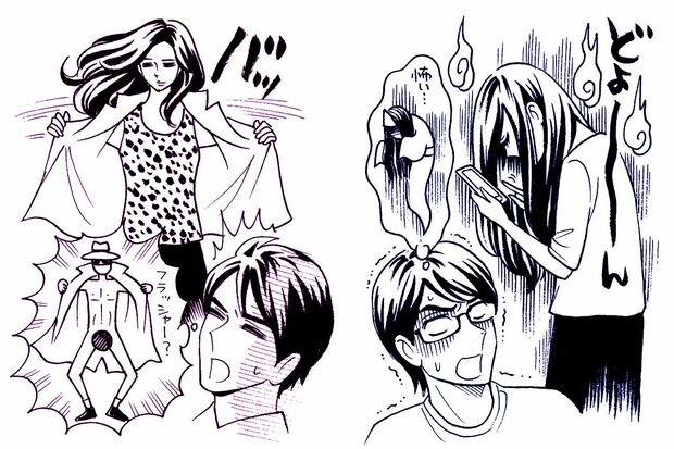 （左）羽ばたき脱ぎ（右）うなだれ打ち　イラスト／柏屋コッコ