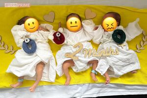 NICUで成長し、産後2か月で3人が自宅にそろった記念の一枚　写真／桑子英里さん