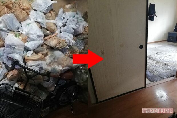 コンビニの袋に入ったゴミであふれているほか、なぜか自転車も。清掃後（写真右）には広々とした部屋が現れた。