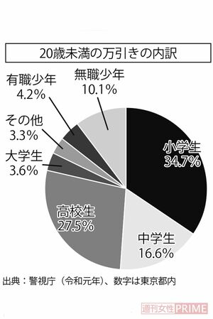 20歳未満の万引きの内訳　出典：警視庁（令和元年）、数字は東京都内