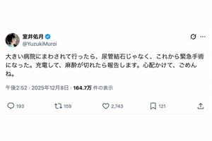 体調不良で緊急手術を受けた室井佑月(本人のXより)