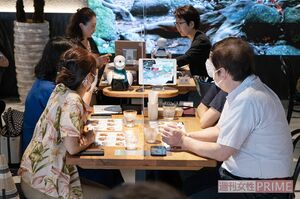 お客さんと会話しながら注文をとるオリヒメ。横に設置されたiPad画面でパイロットの顔写真やプロフィールが紹介され、メニュー表を見ることもできる　撮影／齋藤周造