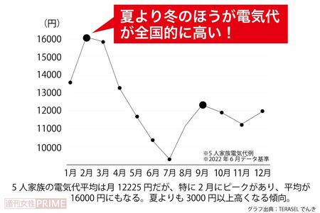 電気代、全国的に高くなるのは「冬」！　グラフ出典：TERASELでんき