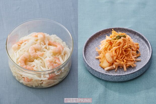 大根とえびのオリーブあえ(左)とダブル大根のキムチ漬け(右)