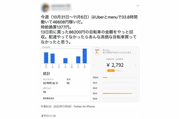 Twitterで宅配代行サービスでの収入を報告する市川拓磨容疑者