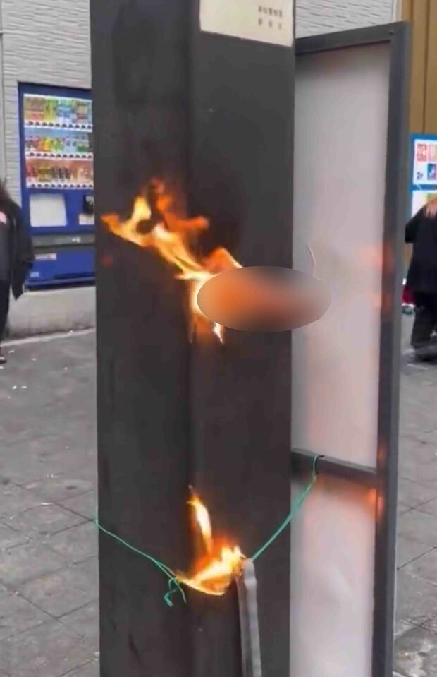 『シネシティ広場』の鉄柱に男性の局部を模したアダルトグッズを取り付け、燃やした映像（ツイッターより）