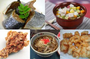 左上から時計回りに、にしんの山椒漬け（福島）、ヒカド（長崎）、ホルモンフライ（京都）、黒石つゆ焼きそば（青森）、ジョイパックチキン（北海道）