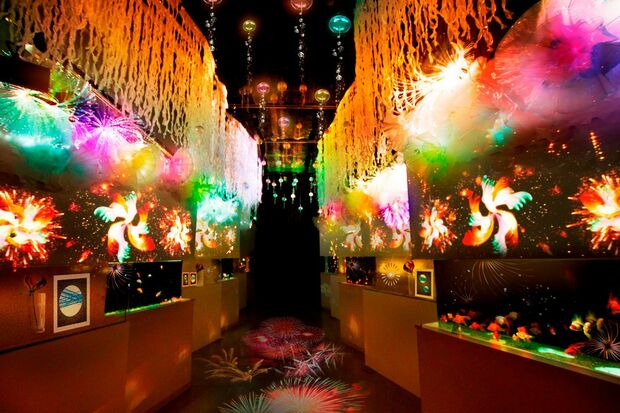 水槽の金魚たちと華やかな花火の投影が幻想的な『金魚花火』ゾーン。※イメージ／アクアパーク品川「花火アクアリウム by NAKED」