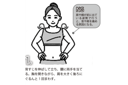 ひじパタパタ：1.背すじを伸ばして立ち、腰に両手を当てる。胸を開きながら、肩を大きく後ろにぐるんと1回まわす。