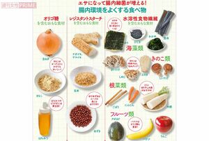 『NHKガッテン！』2020年5-6月号の特集「腸内細菌パワーが目覚める『賢い食べ方』」で紹介している「腸内細菌パワーが目覚める『食べ方シート』」。水溶性食物繊維の他にも、腸内細菌を元気にするレジスタントスターチやオリゴ糖を含む食材や、発酵食品なども紹介しています