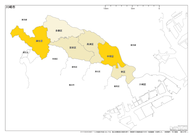 川崎市の進学率ランキング。地区別に色を塗り分けており、色が薄くなるにつれて進学率が低い（筆者作成）
