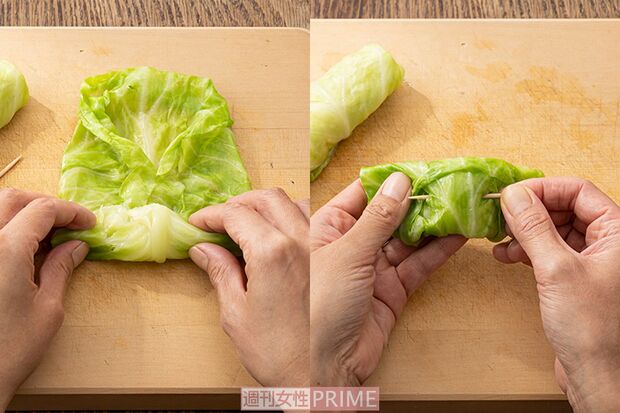 小林まさみさん＆まさるさんの「手羽先と具なしロールキャベツのおでん」の調理工程、具なしロールキャベツの巻き方（撮影／廣瀬靖士）