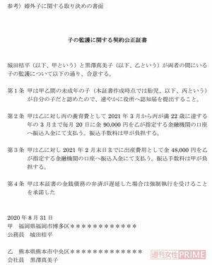 【参考】養育費、出産費用についての公正証書（氏名は仮名、住所はダミーです）