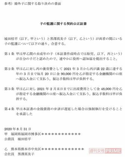 【参考】養育費、出産費用についての公正証書(氏名は仮名、住所はダミーです)