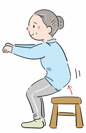 腰やひざが悪い人は、イスやベッドを使って立ち上がるだけでもOK!1人しりとりや暗算などをしながら行うとよりGOOD