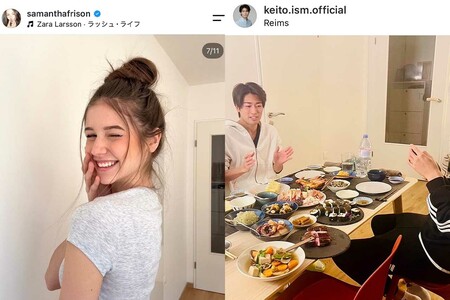 扉と床の色から同じ家で撮ったとされた匂わせ投稿をする中村敬斗とイタリア人モデルのサマンサ（本人たちのインスタグラムより）
