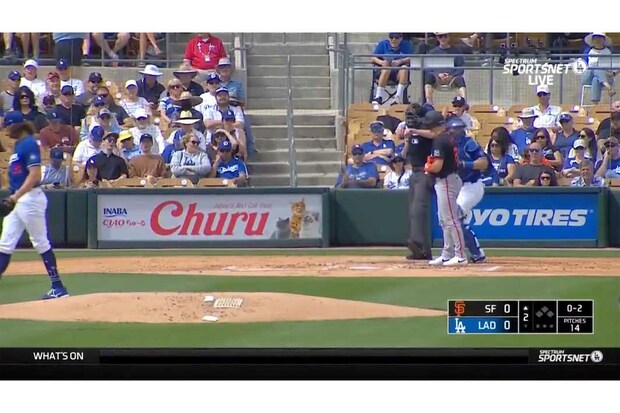 バックネット下に『TOYOTIRE』、『いなば食品』の広告が(ドジャース公式Xより)