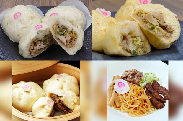 （左上から）山形の“鳥中華まん”、“辛みそラーメン豚まん”、“馬肉ラーメン肉まん”。（右下）中の具材は完全にラーメン