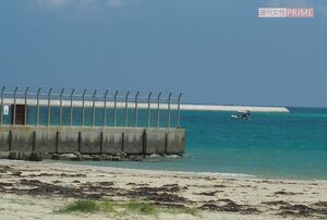 水平線に浮かぶ辺野古の埋め立て予定地の護岸の一部。手前は米軍基地のフェンス