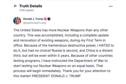 トランプ大統領がSNSに投降した核実験の指示(Xより)