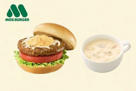 モスバーガー「朝の野菜バーガー～オーロラソース～」ドリンクセット540円。プラス料金でスープに変更可能