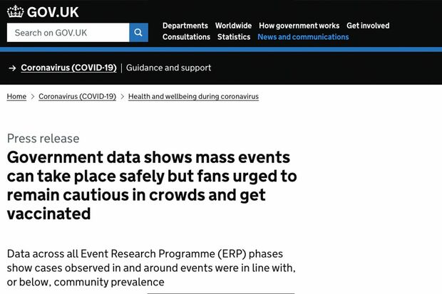 イギリス政府が発表した大規模イベント開催に関する声明。タイトルは「政府のデータによると、大規模イベントは安全に開催できるが、ファンは人混みに注意し、予防接種を受けることが求められる（編集部訳）」となっている。