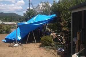 庭にブルーシートを張って、夜を過ごすお宅