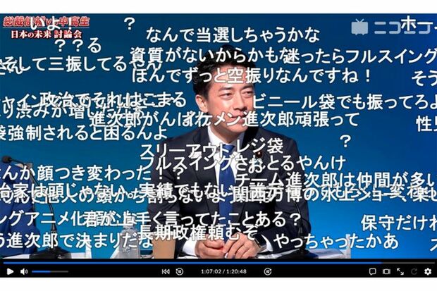 コメントに囲まれる小泉進次郎(ニコニコ生放送より)