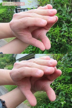 飼い主の男性に大きなエサを丸のみするメカニズムを尋ねると、（上）口を開けたヘビを両手で模し、（下）下アゴ部分を左右に広げて体内に取り込むと教えてくれた