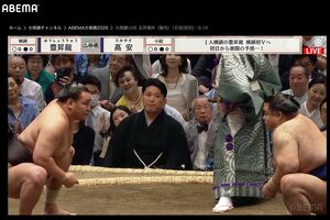 上地雄輔が溜席で撮影している姿が確認できる(ABEMAより)
