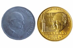 図1：チャーチルの顔が彫られたコイン　横顔（左）や斜め正面（右）など、いくつかの種類がある　出典／馬場悠男『「顏」の進化』（講談社ブルーバックス）