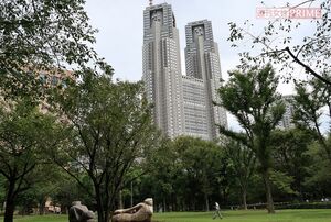 新宿中央公園から都庁を仰ぐ。ホームレスは姿を消した