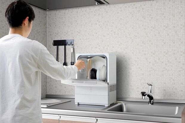 本体はホワイトとグレーのツートンカラー。ドアの開閉で自動的に電源が入り、ボタンを押すだけで洗浄から乾燥まで約120分で完了