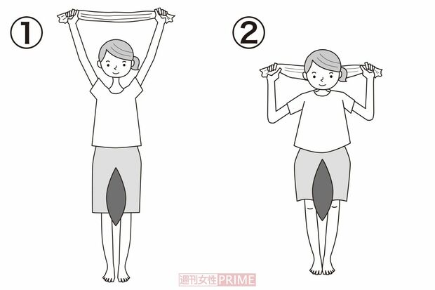 2.バンザイクッションスクワット（イラスト／ますみかん）