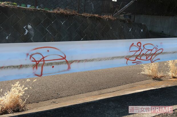 現場近くのガードレールの落書き。山口容疑者の犯行後の模倣犯と思われもので、判別不能なので消されていない
