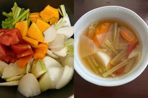 毎朝欠かさず飲んでいる野菜スープ。家にある好きな野菜を5種類入れ野菜がかぶるくらいの水で30分煮込めば完成。味つけはみそやカレー粉を入れるなど、その日の気分で♪（本人提供）