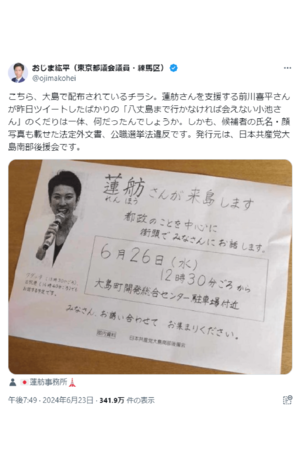 蓮舫氏のチラシが公職選挙法に違反するのではないかと指摘する投稿（Xより）