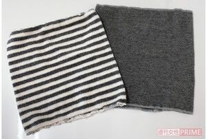 石原先生のMY腹巻きは備長炭入り! グレー（右）の腹巻きは、薄手で服装にひびかないので日中用。縞模様の腹巻きは、厚手なので寝るときに使用。「両方とも備長炭入りの腹巻きで、とても温かいです」