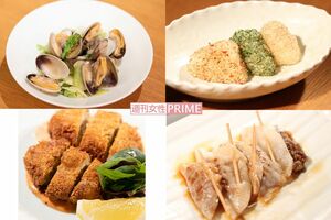 動画撮影日、次々と絶品料理を披露した。【左上から時計周りに】新キャベツとアサリの酒蒸し、3色の糠焼きにぎり、大根餃子、野菜たっぷりのいわしのコロッケ 撮影/齋藤周造